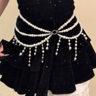 HEY TAO精致复古多层珍珠流苏腰链女款百搭气质腰带身体链配裙子