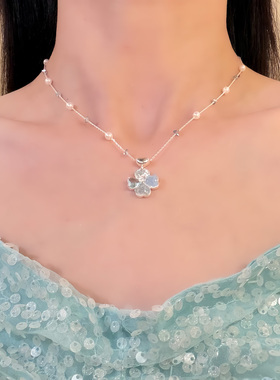 HEY TAO复古蓝色水钻爱心四叶草项链夏季甜美气质锁骨链配饰颈链