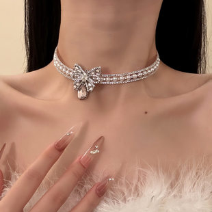 HEY TAO超闪锆石珍珠蝴蝶choker项链女精致高级感颈链配饰锁骨链