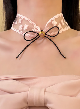 HEY TAO纯欲粉色串珠蝴蝶结蕾丝choker项链复古高级感锁骨链颈链