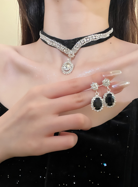 HEY TAO黑色水滴闪钻丝绒choker项链女小众设计感锁骨链气质颈链