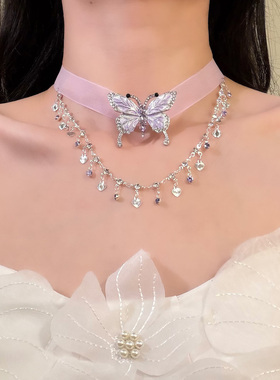 HEY TAO超仙紫色蝴蝶流苏项链女春夏季甜美森系氛围感锁骨链颈链