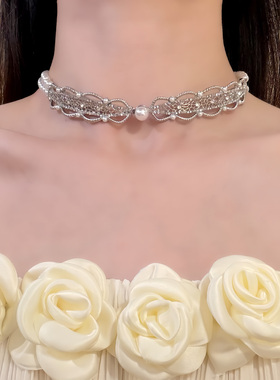HEY TAO复古闪钻拼接珍珠choker项链双层叠戴颈链高级感锁骨链女