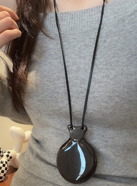 HEY TAO复古个性黑色音乐之镜项链女小众可打开双面镜吊坠毛衣链