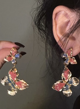 HEY TAO复古珐琅金色彩绘撞色蝴蝶耳环女独特气质耳钉高级感耳饰