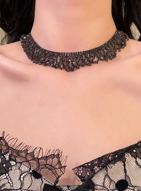 HEY TAO重工黑色满钻锆石流苏choker项链女时尚小众高级感脖颈链