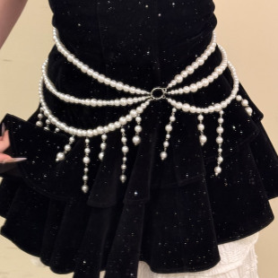 HEY TAO精致复古多层珍珠流苏腰链女款百搭气质腰带身体链配裙子