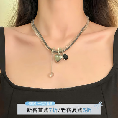 HEY TAO小众多层串珠爱心吊坠项链女甜酷辣妹个性颈链配饰锁骨链