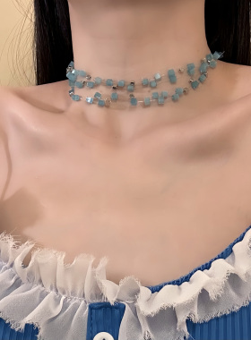 HEY TAO夏日蓝色多层串珠choker猫眼石项链小众独特氛围感锁骨链