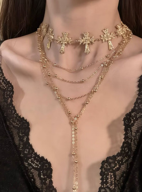 HEY TAO复古重工金色十字架choker叠戴项链女夸张气质锁骨链配饰