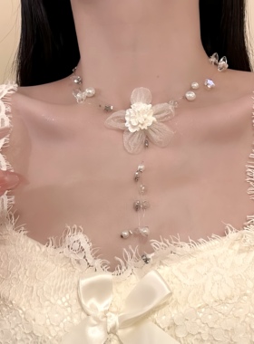 HEY TAO复古白色满天星珍珠花朵项链女小众高级感颈链配饰锁骨链
