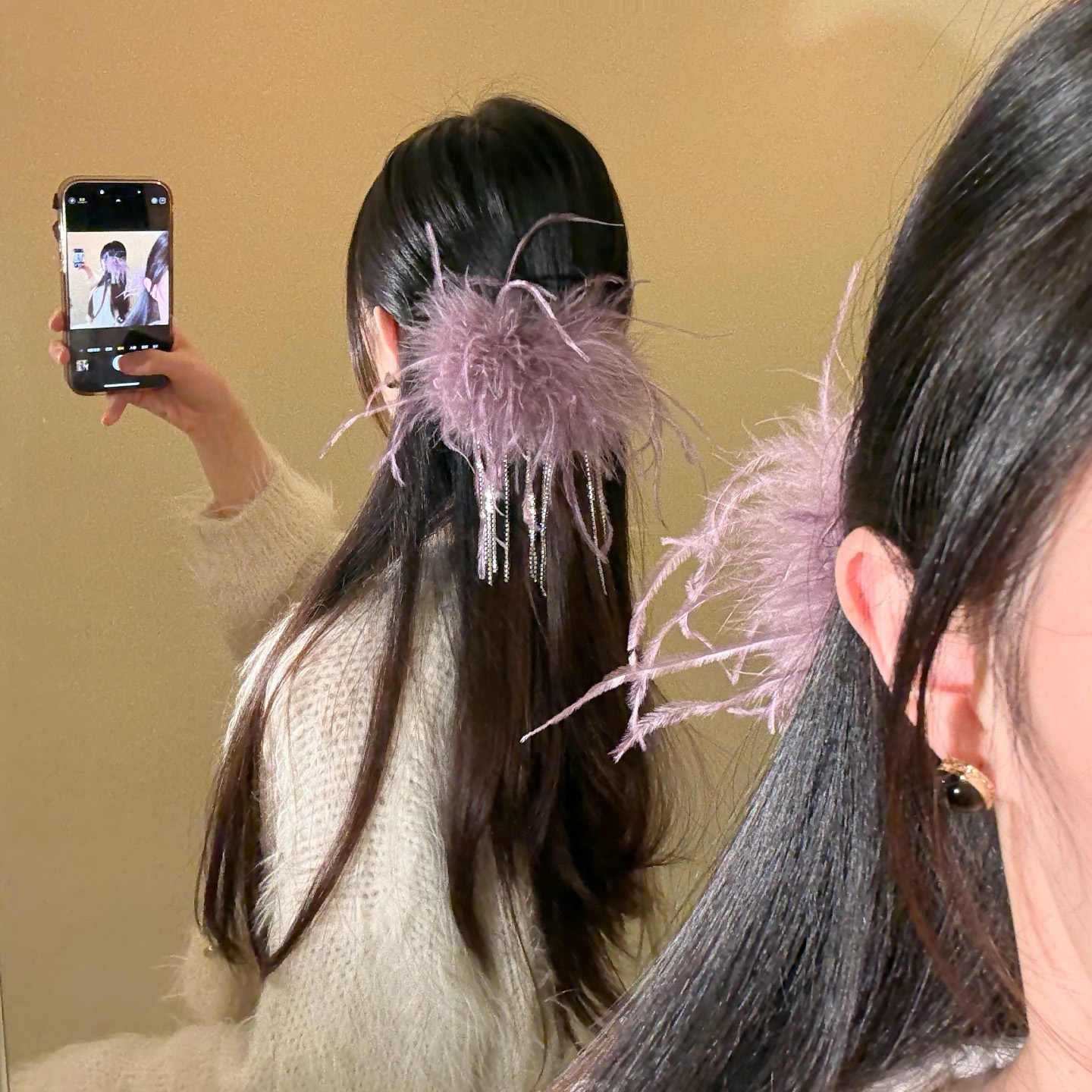 HEY TAO超仙纯欲风紫色羽毛鸭嘴夹发饰女秋冬氛围感发夹头饰发卡