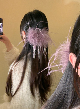 HEY TAO超仙纯欲风紫色羽毛鸭嘴夹发饰女秋冬氛围感发夹头饰发卡