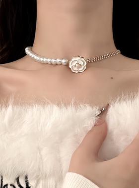 HEY TAO冬日小香风闪钻珍珠山茶花choker项链女轻奢气质颈链配饰