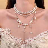 HEY TAO复古蝴蝶结水晶珍珠项链多层叠戴颈链高级感气质锁骨链女