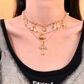 HEY TAO复古贝壳珍珠十字架项链女多层叠戴颈链甜酷度假风锁骨链