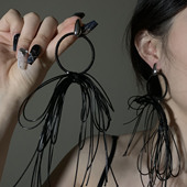 HEY TAO姐系黑色皮绳蝴蝶结流苏耳环女小众耳钉独特夸张个性 耳饰