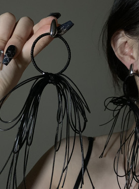 HEY TAO姐系黑色皮绳蝴蝶结流苏耳环女小众耳钉独特夸张个性耳饰