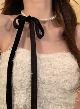 HEY TAO秋冬季丝绒丝带珍珠项链女时尚小香风气质颈链配饰锁骨链