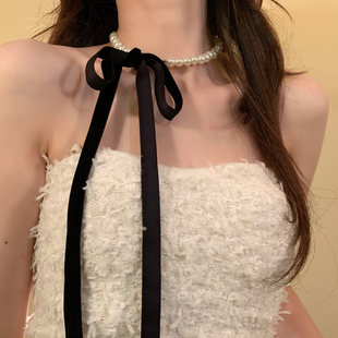 小香风气质颈链配饰锁骨链 丝绒丝带珍珠项链女时尚 HEY TAO秋冬季