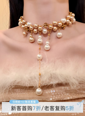 HEY TAO复古金色珍珠十字架choker项链女秋冬甜酷辣妹锁骨链颈链