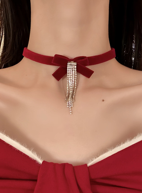 HEY TAO闪钻红色丝绒蝴蝶结choker颈链女轻奢项链新娘敬酒服配饰