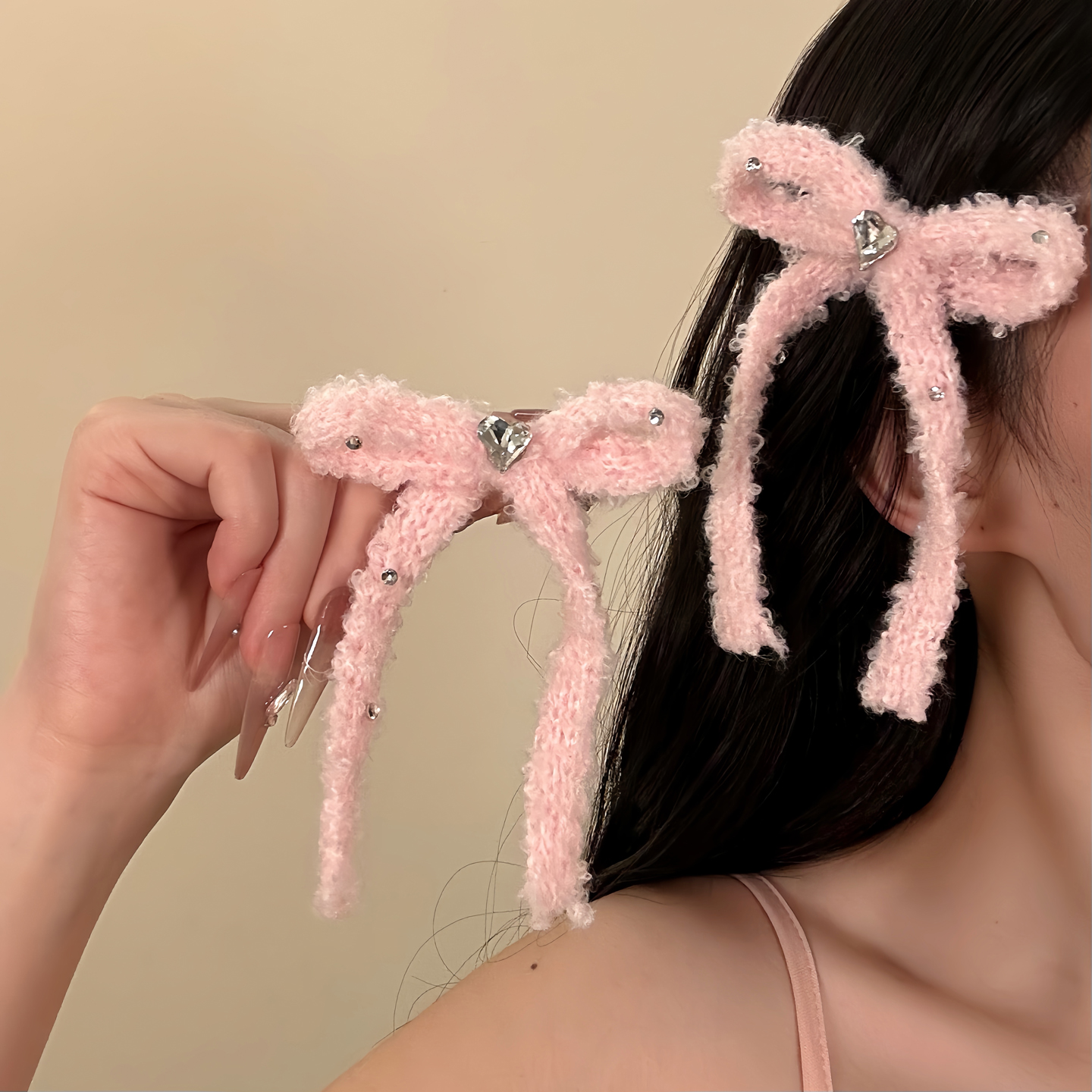 HEY TAO甜美少女心粉色蝴蝶结毛绒发夹秋冬氛围感刘海侧边夹发饰