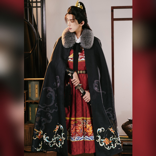 原创高质量汉服披风斗篷毛呢大衣古风大氅男女披肩加绒大毛领冬季