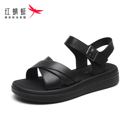红蜻蜓妈妈凉鞋2026夏季魔术贴头层牛皮平底防滑青中老年女凉鞋软