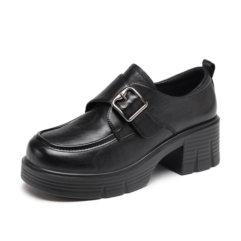 红蜻蜓中跟秋季头层牛皮女乐福鞋