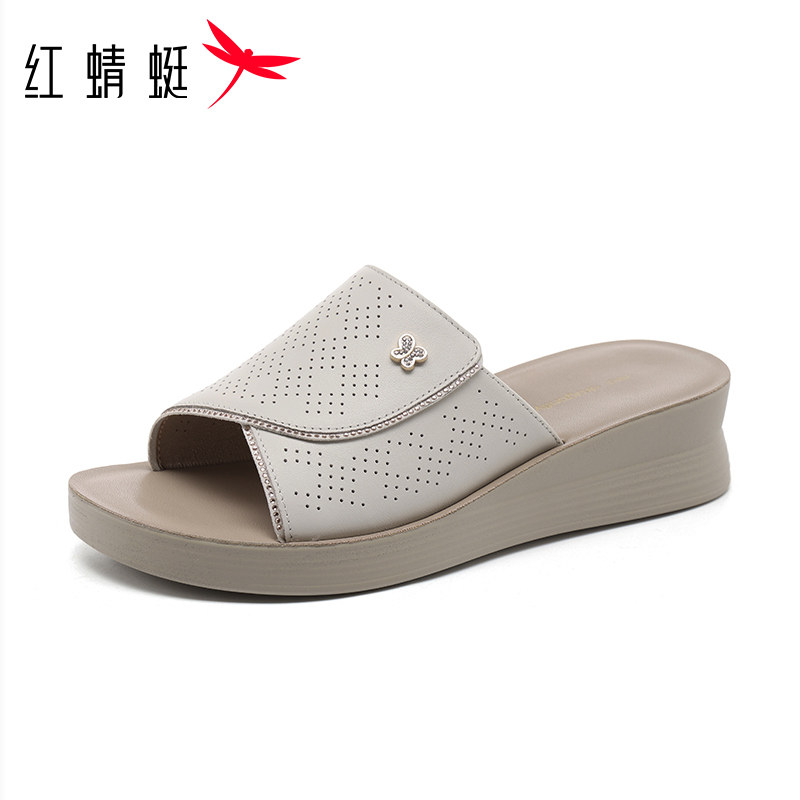 红蜻蜓2026新款夏季头层牛皮软面软底一脚蹬白色妈妈凉鞋女凉拖鞋