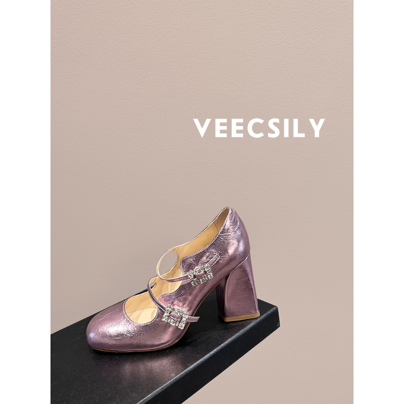 高定！法式甜美水钻扣玛丽珍高跟鞋25春夏新款双塔扣粗跟浅口单鞋