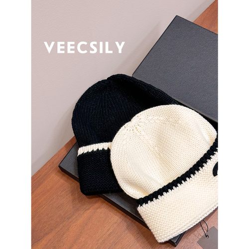 针织毛线帽黑白撞色羊毛冷帽女