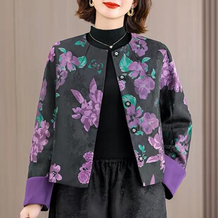 高端中年妈妈秋冬装国风提花短款外套女洋气百搭夹棉加厚棉服上衣