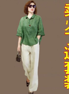 时尚休闲棉麻套装夏季女装洋气妈妈亚麻衬衫中袖上衣阔腿裤两件套