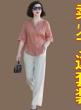 夏季两件套女棉麻亚麻衬衫阔腿裤