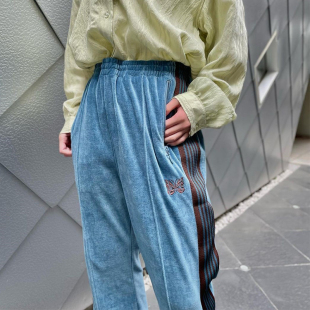 老夫子 needles 湖蓝色 天鹅丝绒 高级感 垂坠 男女 秋冬宽松长裤