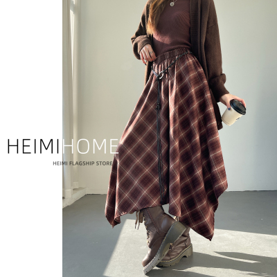 秋冬季设计感高腰磨毛格纹半身裙