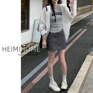 美式 小個子口袋a字短裙高腰顯瘦包臀半身裙 裙女夏薄款 深灰色工裝