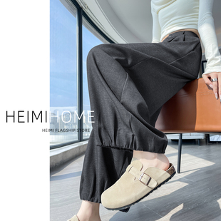 黑色软牛仔阔腿裤女春秋季高腰休闲花苞裤小个子宽松九分灯笼裤