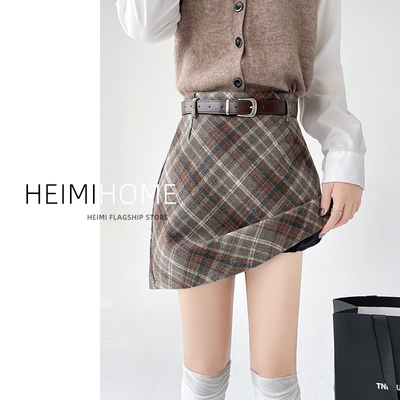 毛呢格子裙a字包臀短裙防走光