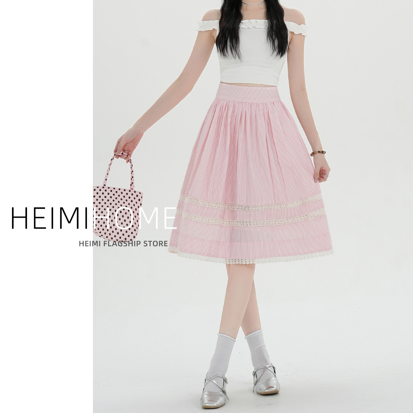 夏薄款设计感蕾丝花边条纹半身裙