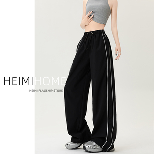 裤 束脚速干运动裤 女夏薄款 子美式 宽松防晒休闲裤 黑色抽绳条纹工装