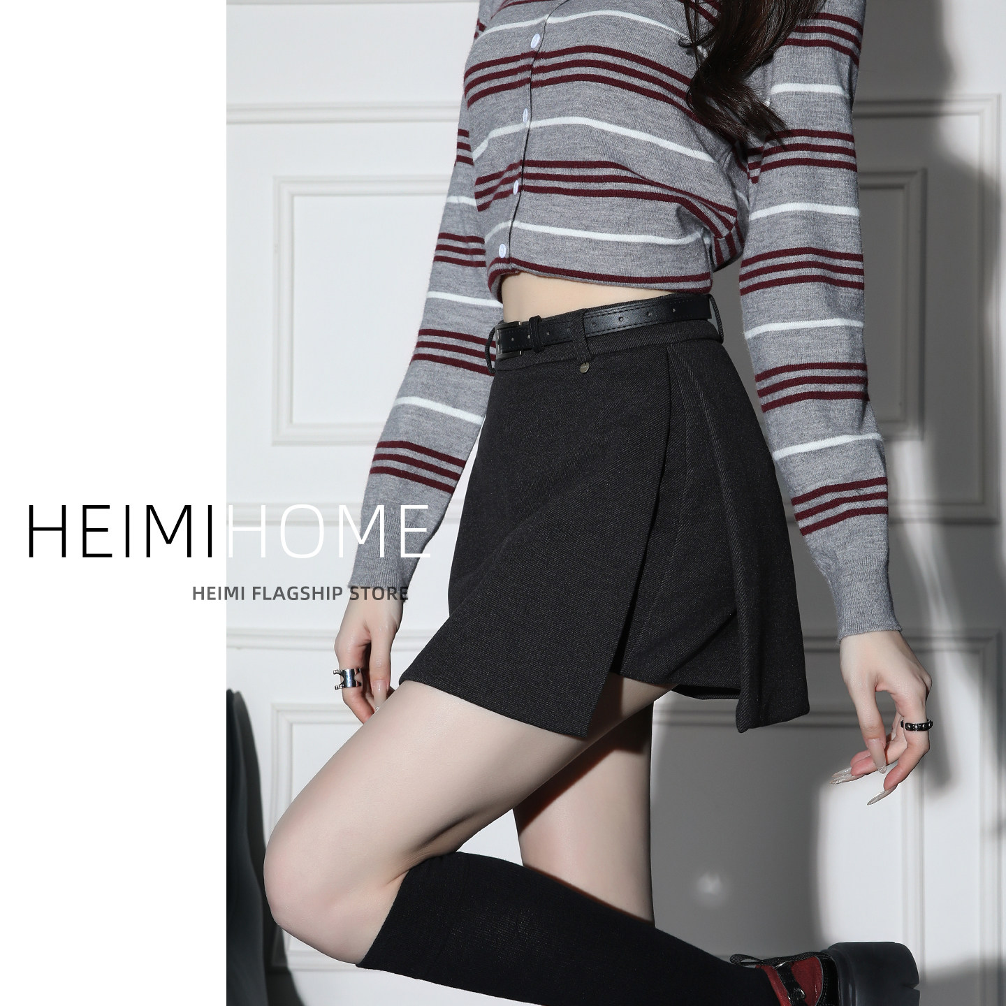 秋冬季高腰侧开叉毛呢短裙