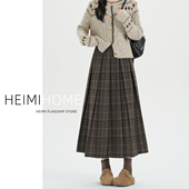 复古格子百褶半身裙女秋冬季 A字中长裙学院风压褶毛呢格纹长裙潮