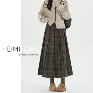 复古格子百褶半身裙女秋冬季 A字中长裙学院风压褶毛呢格纹长裙潮