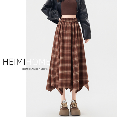 春秋高腰设计感不规则格子裙