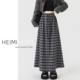 撞色抽绳半身裙女秋冬季 松紧腰A字格子裙中长款 加厚大摆格纹裙子