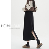 黑色直筒半身裙女秋冬高级感a字长裙小个子加厚后开叉毛呢包臀裙