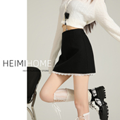 蕾丝拼接毛呢半身裙女秋冬季 加厚高腰A字包臀裙黑色气质花边短裙